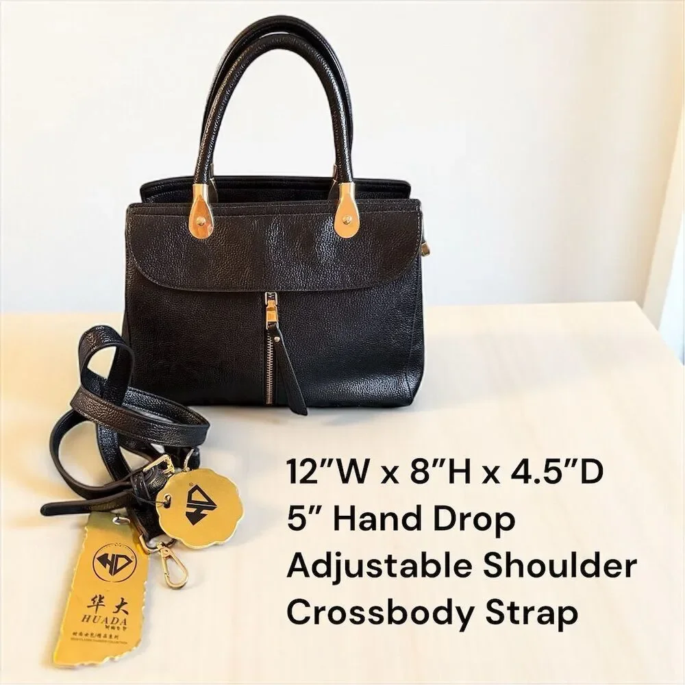 Huada Structured Black Vegan Leather Satchel Handbag Gold Hardware Crossbody